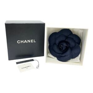 CHANEL Camellia Brooch Corsage Navy Organza W/ Box